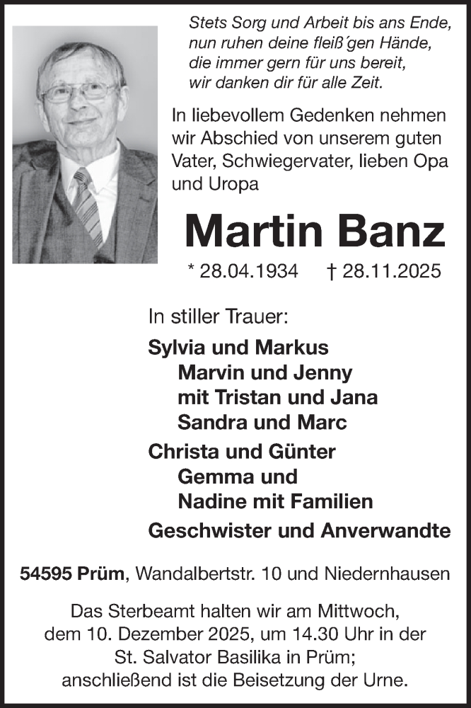  Traueranzeige für Martin Banz vom 05.12.2025 aus WochenSpiegel