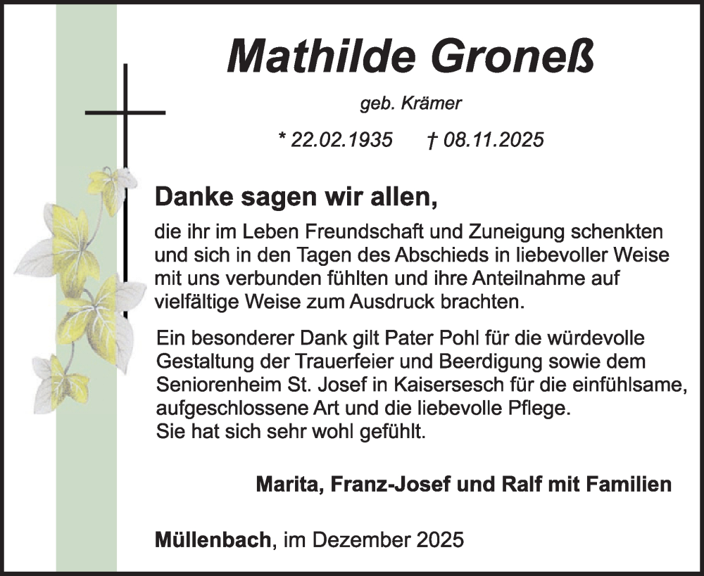  Traueranzeige für Mathilde Groneß vom 03.12.2025 aus WochenSpiegel