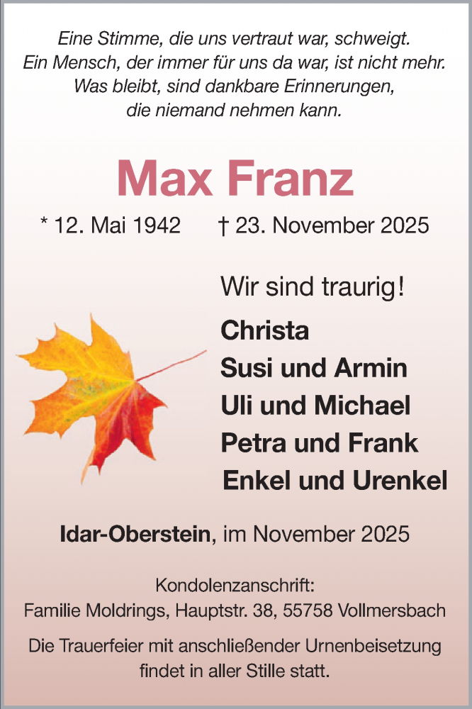  Traueranzeige für Max Franz vom 13.12.2025 aus WochenSpiegel