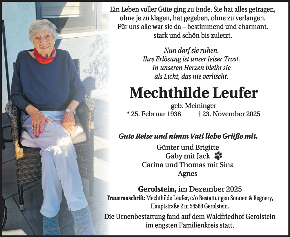  Traueranzeige für Mechthilde Leufer vom 06.12.2025 aus WochenSpiegel