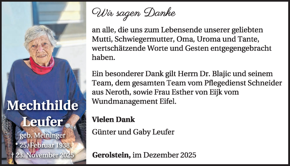  Traueranzeige für Mechthilde Leufer vom 20.12.2025 aus WochenSpiegel