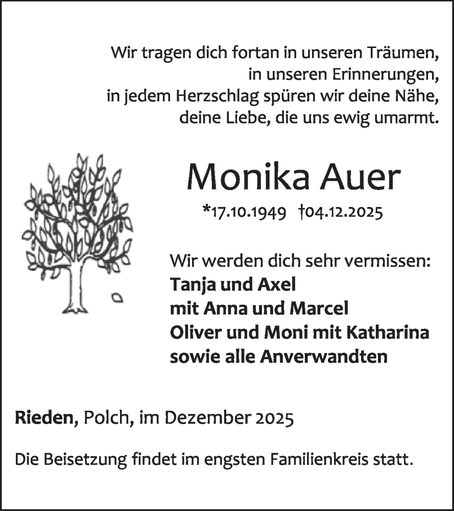  Traueranzeige für Monika Auer vom 17.12.2025 aus WochenSpiegel