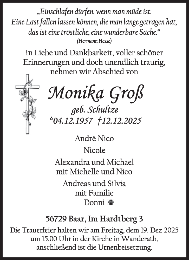  Traueranzeige für Monika Groß vom 17.12.2025 aus WochenSpiegel