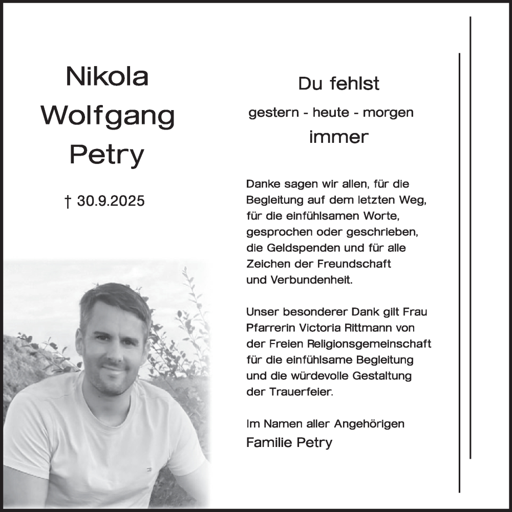  Traueranzeige für Nikola Wolfgang Petry vom 06.12.2025 aus WochenSpiegel