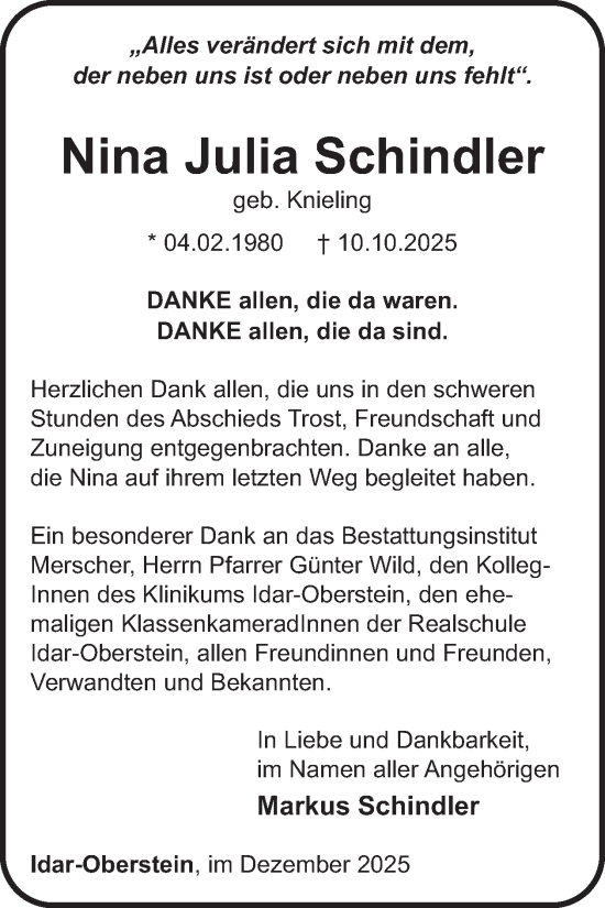 Traueranzeige von Nina Julia Schindler von WochenSpiegel