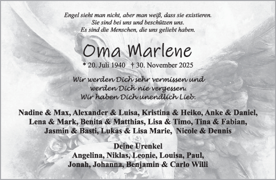 Traueranzeige von Oma Marlene von WochenSpiegel