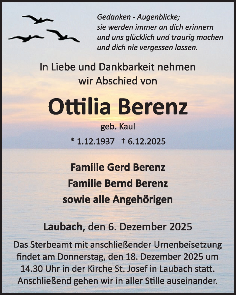  Traueranzeige für Ottilia Berenz vom 17.12.2025 aus WochenSpiegel