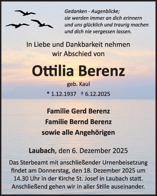 Traueranzeige von Ottilia Berenz von WochenSpiegel