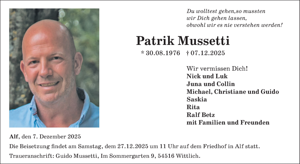 Traueranzeige für Patrik Mussetti vom 17.12.2025 aus WochenSpiegel