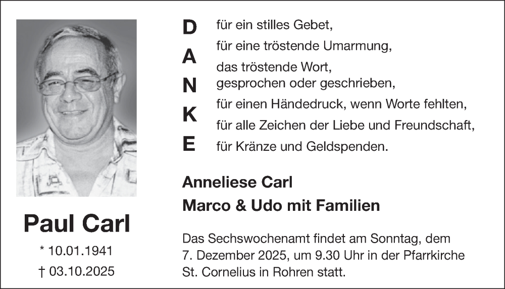  Traueranzeige für Paul Carl vom 03.12.2025 aus WochenSpiegel