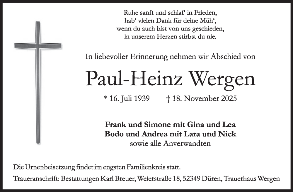  Traueranzeige für Paul-Heinz Wergen vom 03.12.2025 aus WochenSpiegel