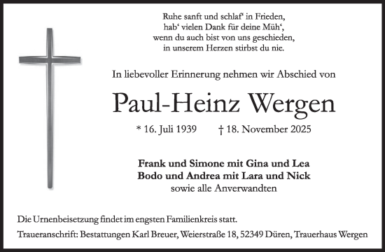 Traueranzeige von Paul-Heinz Wergen von WochenSpiegel