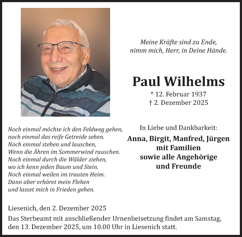  Traueranzeige für Paul Wilhelms vom 10.12.2025 aus WochenSpiegel