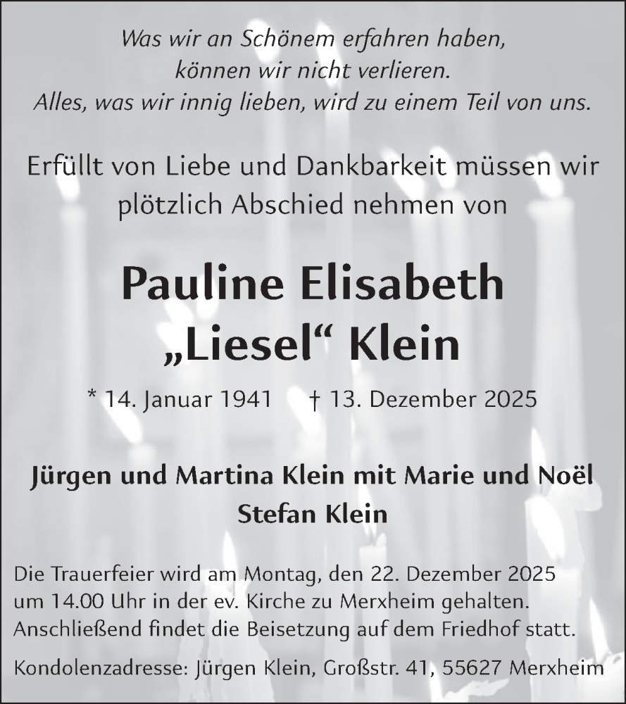  Traueranzeige für Pauline Elisabeth Klein vom 20.12.2025 aus WochenSpiegel