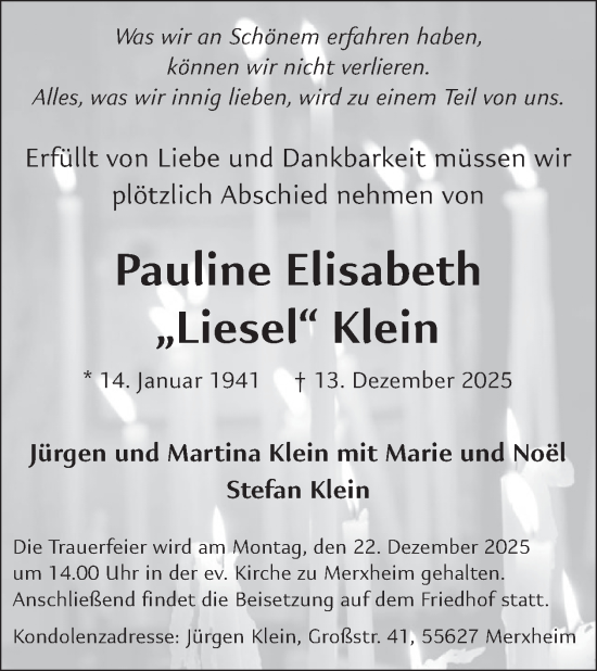 Traueranzeige von Pauline Elisabeth Klein von WochenSpiegel