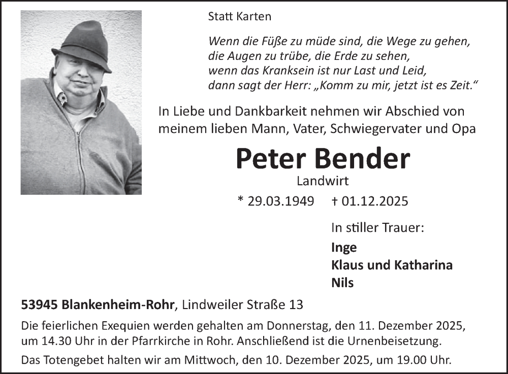  Traueranzeige für Peter Bender vom 03.12.2025 aus WochenSpiegel