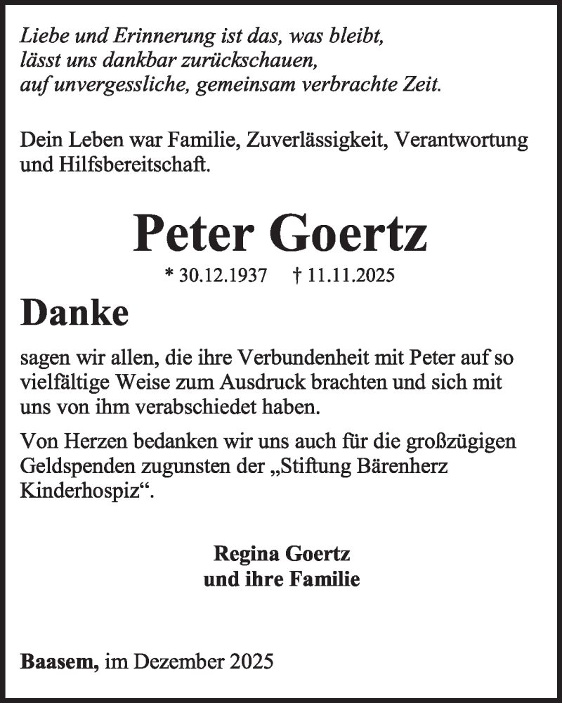  Traueranzeige für Peter Goertz vom 20.12.2025 aus WochenSpiegel