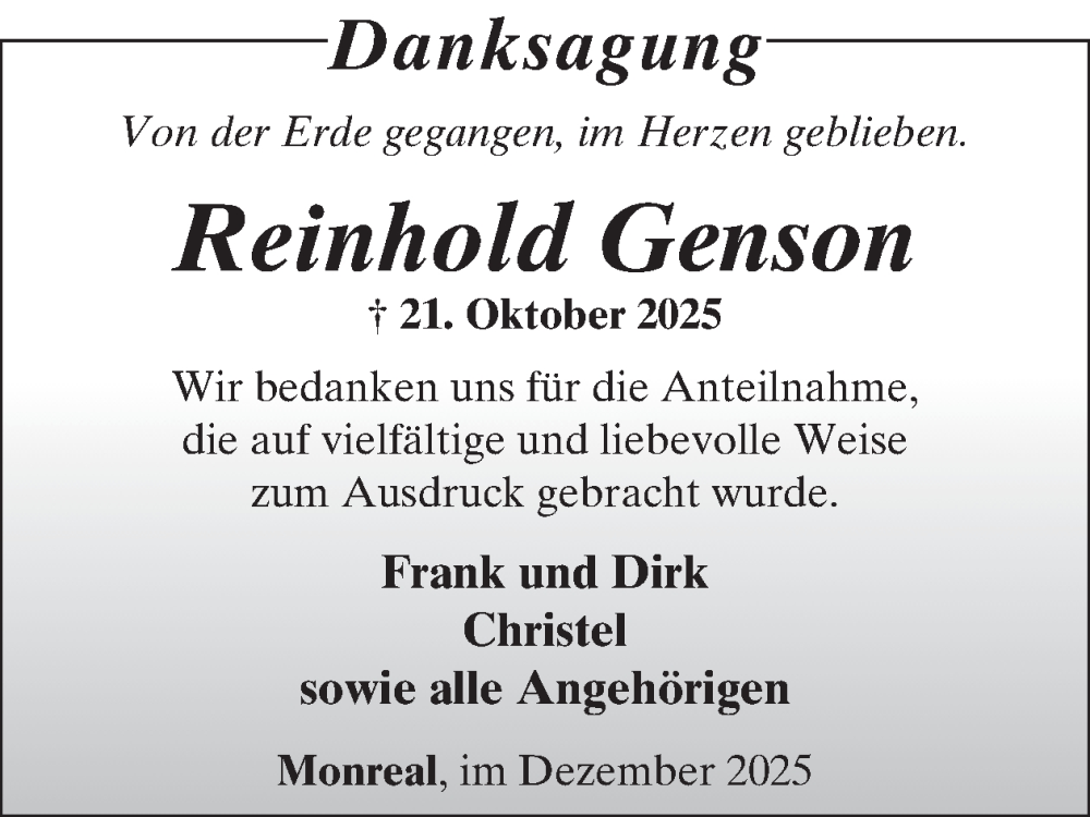 Traueranzeige für Reinhold Genson vom 17.12.2025 aus WochenSpiegel