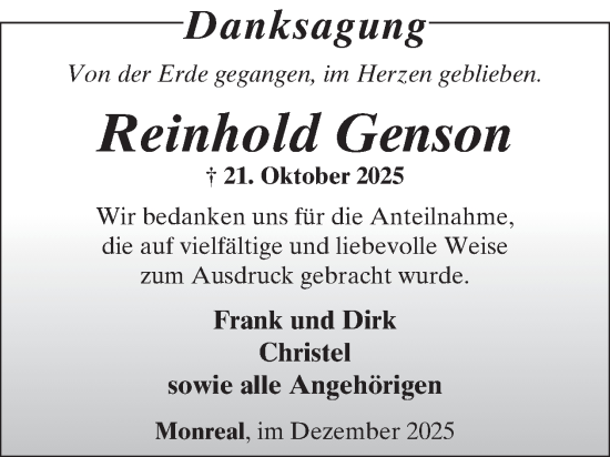 Traueranzeige von Reinhold Genson von WochenSpiegel