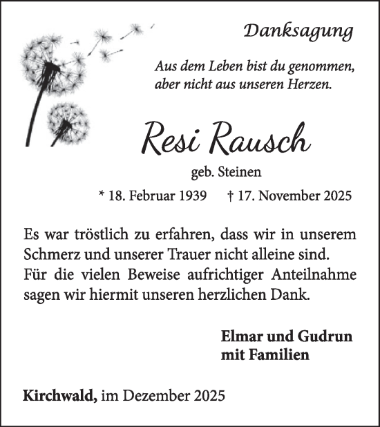 Traueranzeige von Resi Rausch von WochenSpiegel