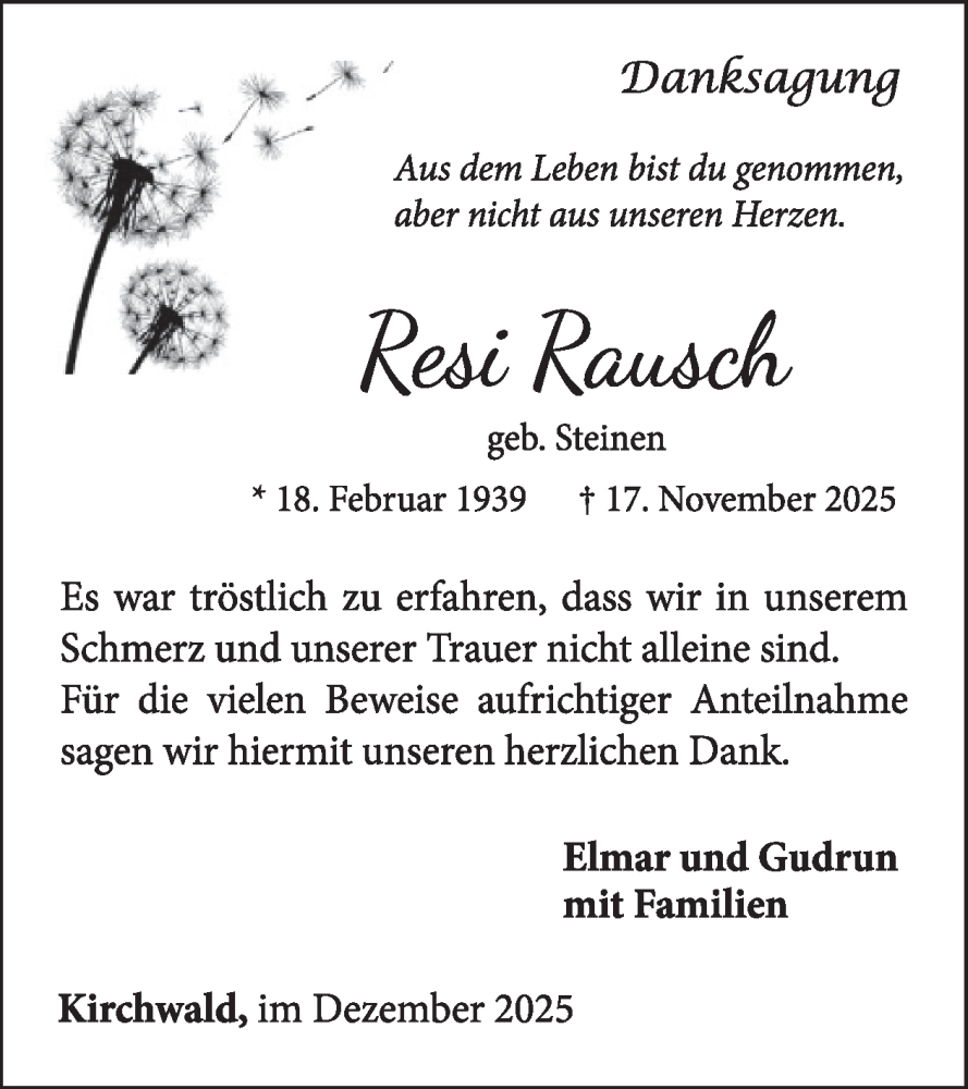  Traueranzeige für Resi Rausch vom 31.12.2025 aus WochenSpiegel