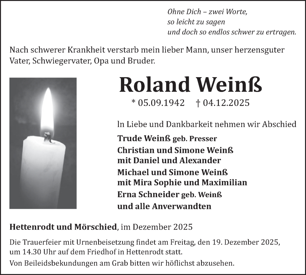  Traueranzeige für Roland Weinß vom 13.12.2025 aus WochenSpiegel