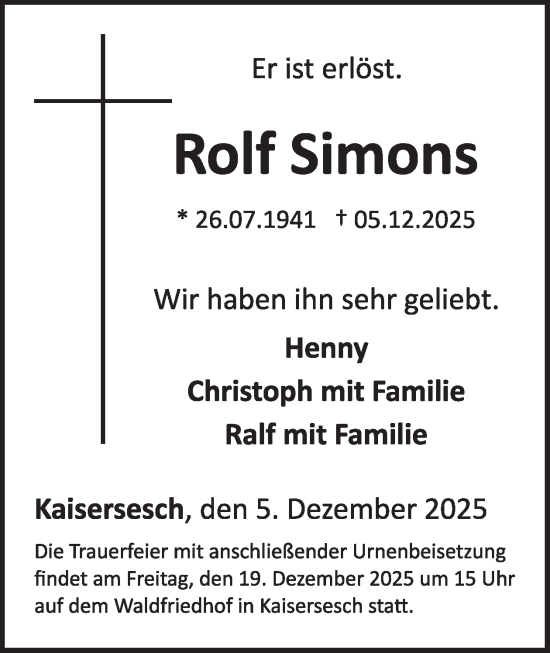 Traueranzeige von Rolf Simons von WochenSpiegel