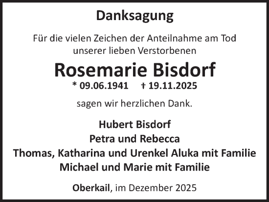 Traueranzeige von Rosemarie Bisdorf von WochenSpiegel