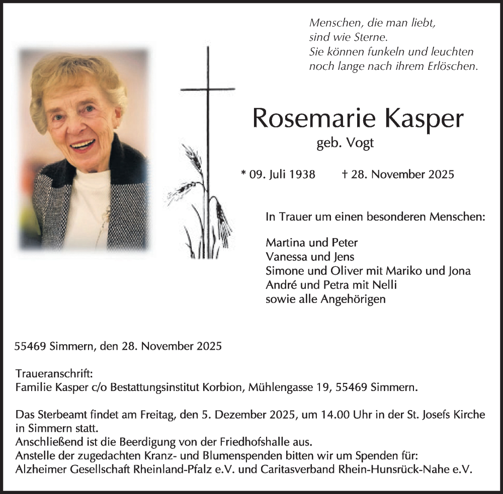  Traueranzeige für Rosemarie Kasper vom 06.12.2025 aus WochenSpiegel