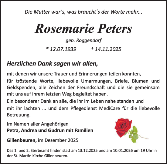 Traueranzeige von Rosemarie Peters von WochenSpiegel