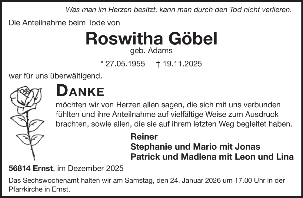  Traueranzeige für Roswitha Göbel vom 24.12.2025 aus WochenSpiegel