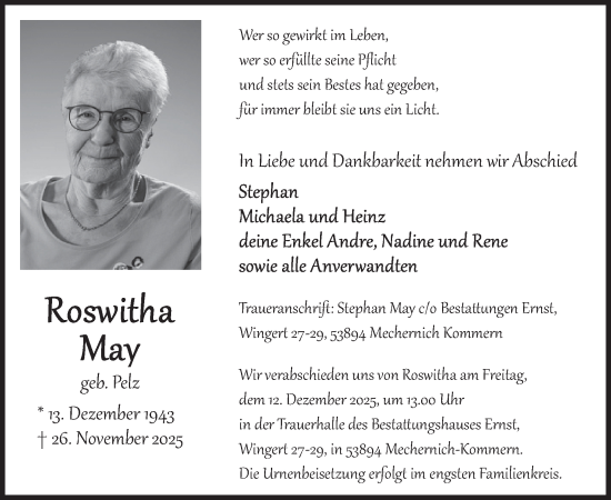 Traueranzeige von Roswitha May von WochenSpiegel