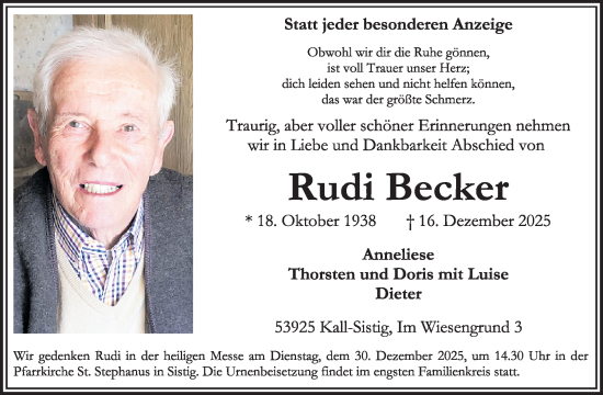 Traueranzeige von Rudi Becker von WochenSpiegel