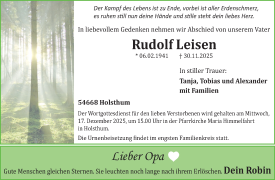 Traueranzeige von Rudolf Leisen von WochenSpiegel