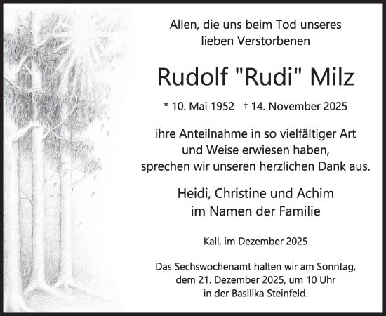 Traueranzeige von Rudolf Milz von WochenSpiegel