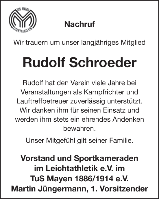 Traueranzeige von Rudolf Schroeder von WochenSpiegel