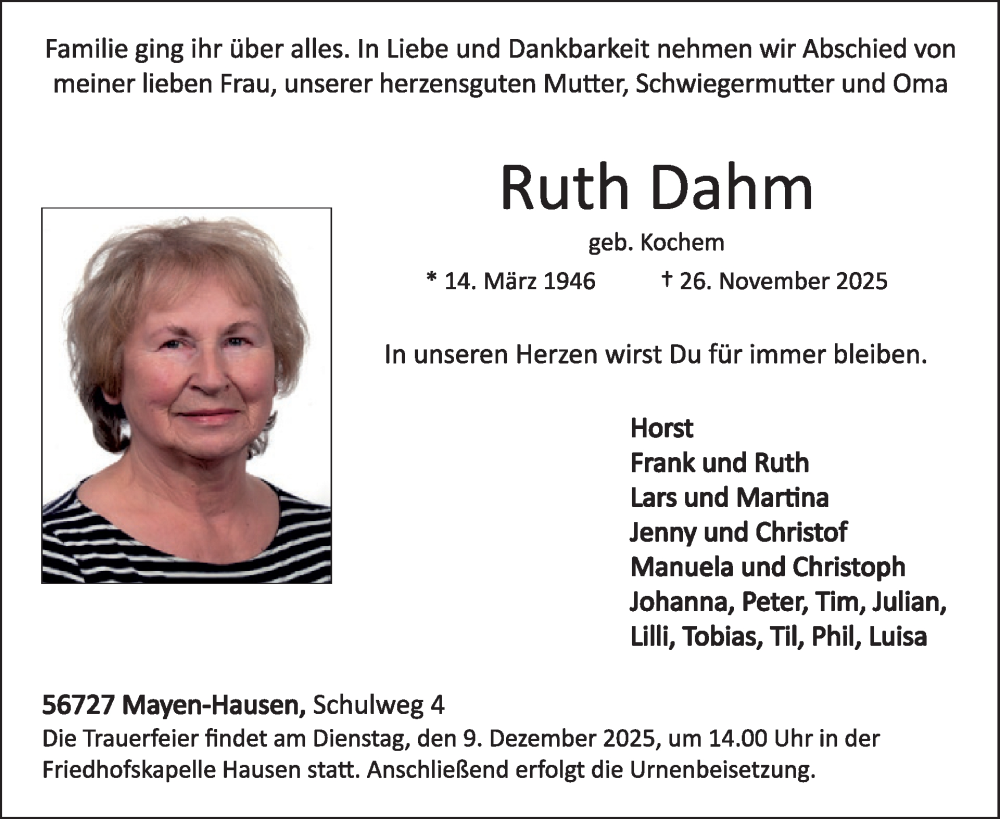  Traueranzeige für Ruth Dahm vom 03.12.2025 aus WochenSpiegel