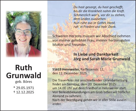 Traueranzeige von Ruth Grunwald von WochenSpiegel