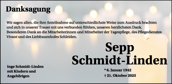 Traueranzeige von Sepp Schmidt-Linden von WochenSpiegel