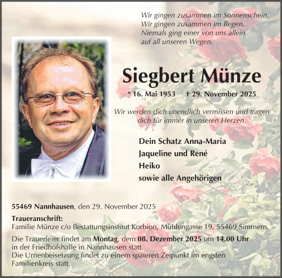 Traueranzeige von Siegbert Münze von WochenSpiegel