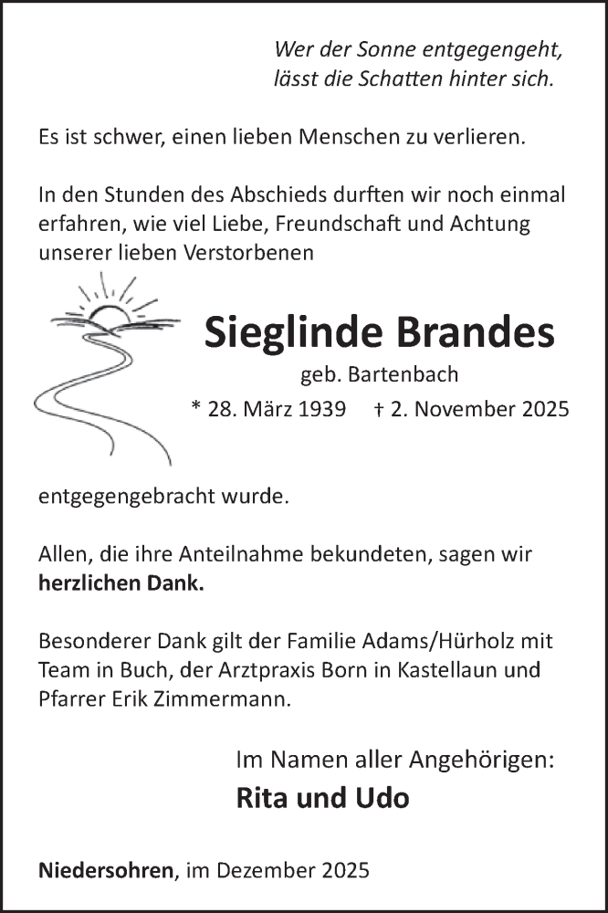  Traueranzeige für Sieglinde Brandes vom 20.12.2025 aus WochenSpiegel