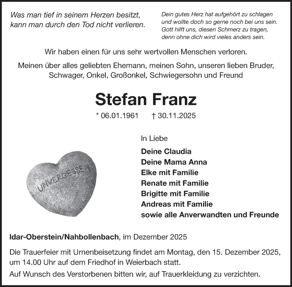 Traueranzeige für Stefan Franz vom 13.12.2025 aus WochenSpiegel