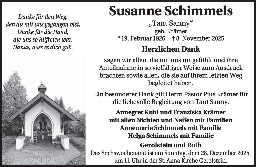  Traueranzeige für Susanne Schimmels vom 20.12.2025 aus WochenSpiegel