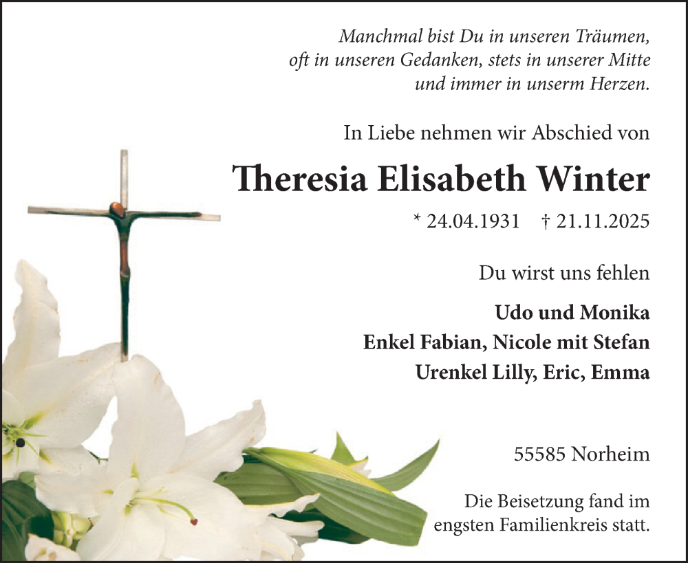  Traueranzeige für Theresia Elisabeth Winter vom 13.12.2025 aus WochenSpiegel