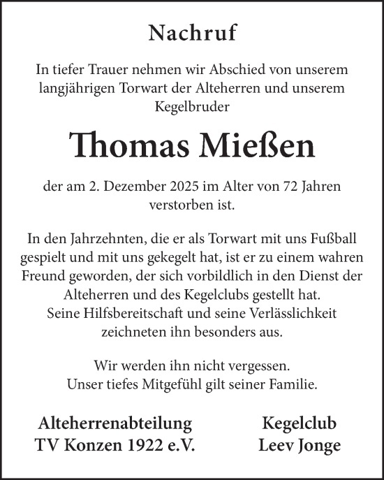 Traueranzeige von Thomas Mießen von WochenSpiegel