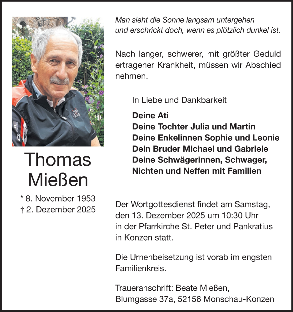  Traueranzeige für Thomas Mießen vom 10.12.2025 aus WochenSpiegel
