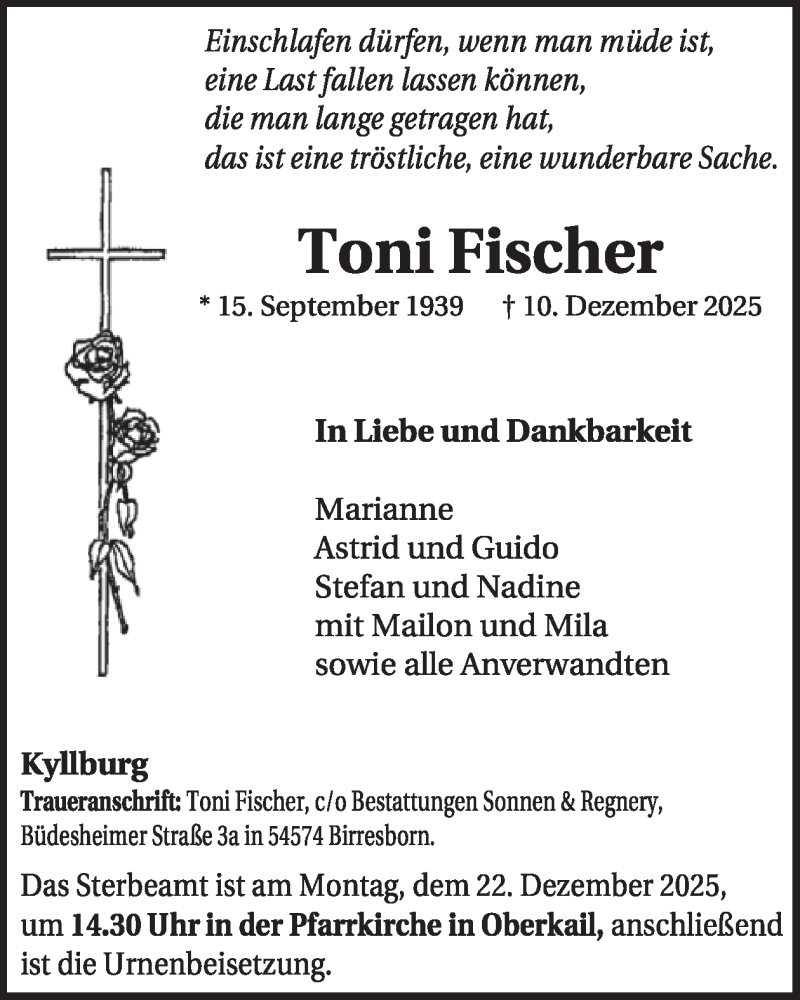  Traueranzeige für Toni Fischer vom 19.12.2025 aus WochenSpiegel