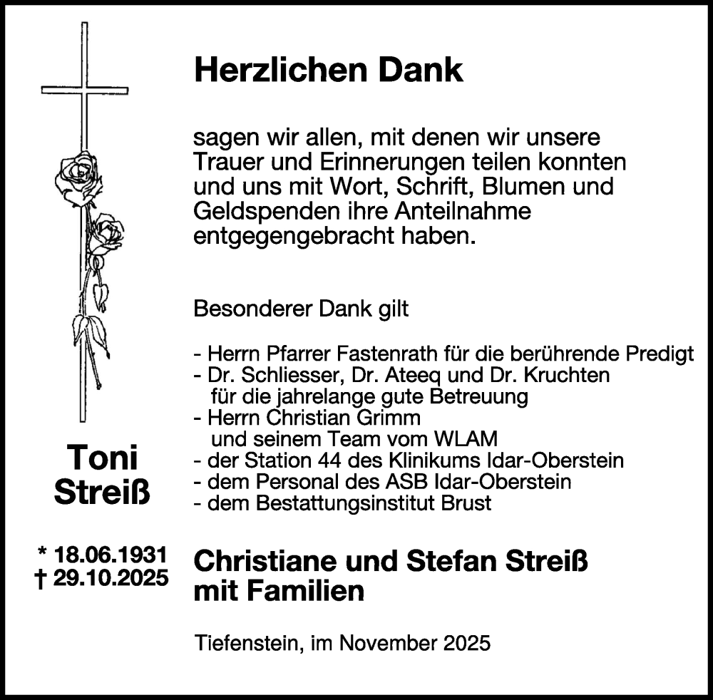  Traueranzeige für Toni Streiß vom 06.12.2025 aus WochenSpiegel