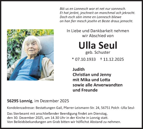 Traueranzeige von Ulla Seul von WochenSpiegel
