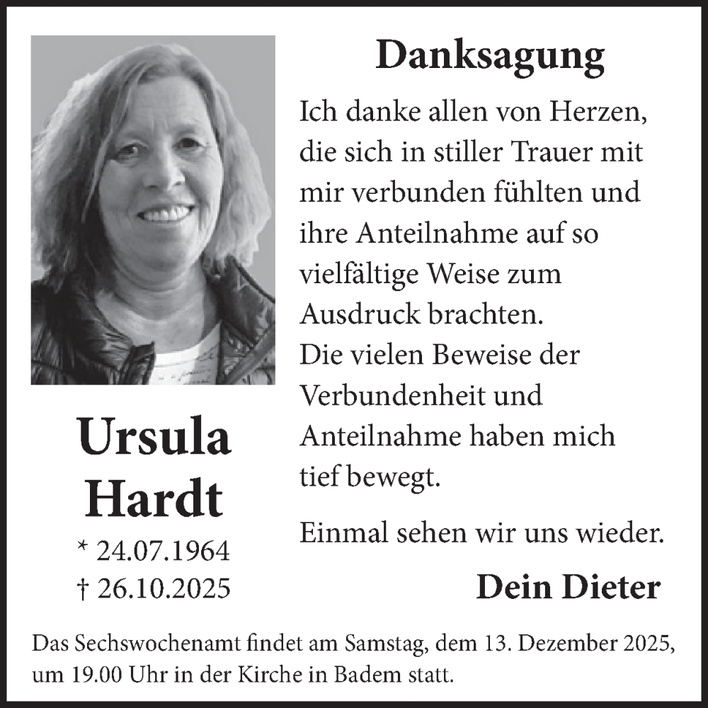  Traueranzeige für Ursula Hardt vom 05.12.2025 aus WochenSpiegel
